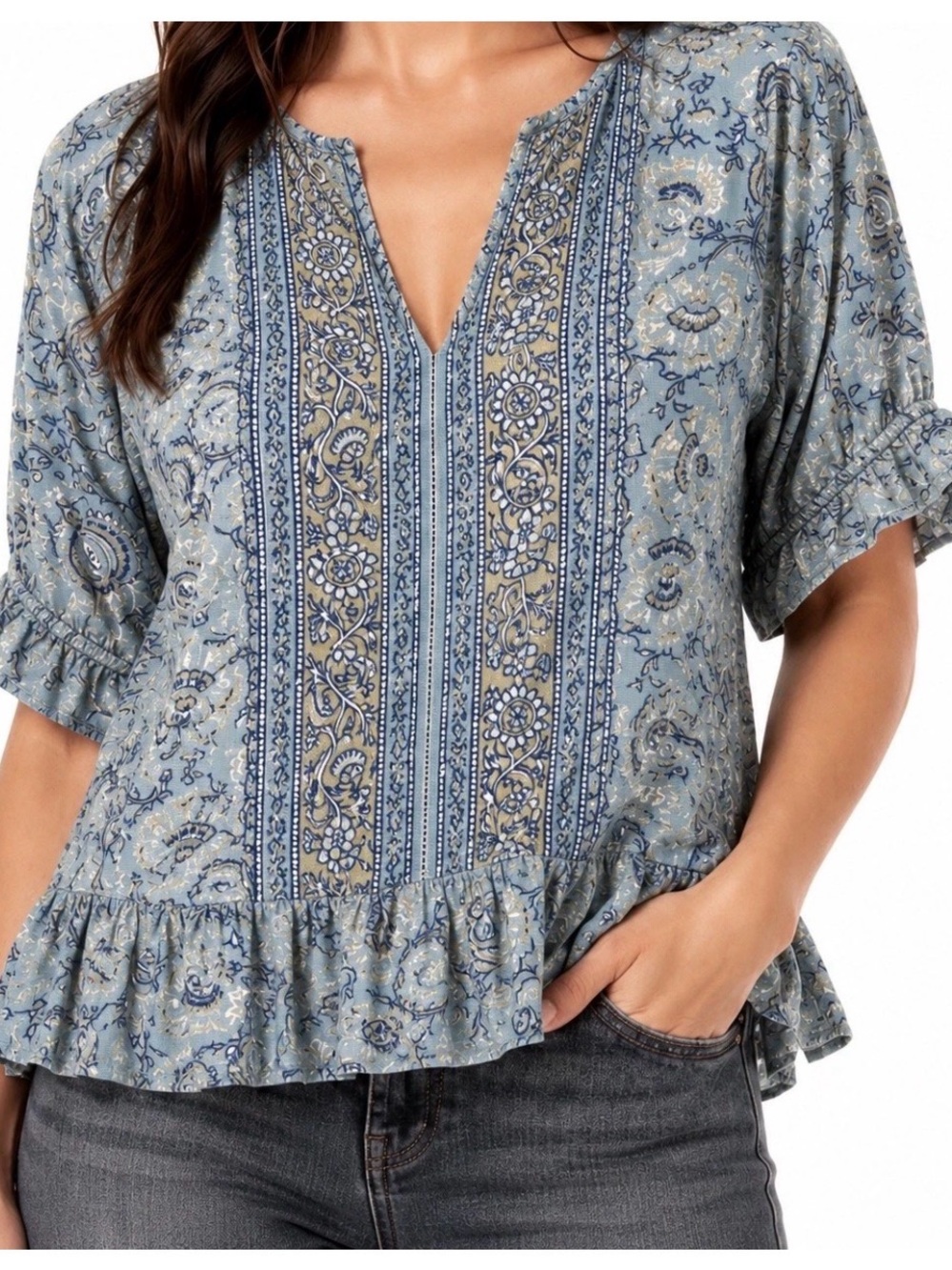 Lucky Brand Women’s XL Green Blue Paisley Boho Ruffle Hem V-Neck Blouse Top